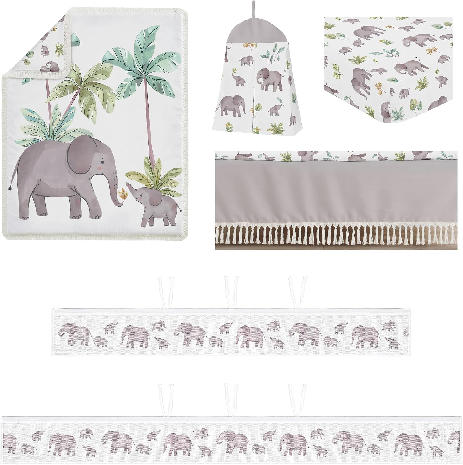 Sweet Jojo Designs Watercolor Elephants Boy Girl Unisex/Gender Neutral Baby Crib Bedding Set Infant Nursery Room BreathableBaby Breathable Mesh Crib Liner Blanket Fitted Sheet Skirt 6pc Jungle Safari