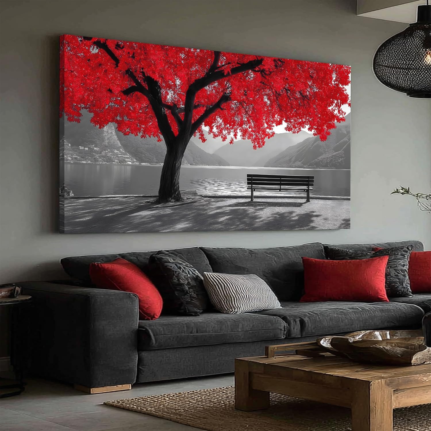 Tarfupth Black and White Red Large Tree of Life Wall Art for Living Room Mountain Artwork Landscape Lake Pictures for Bedroom Office Home Decor Modern Canvas Prints 29'x58'