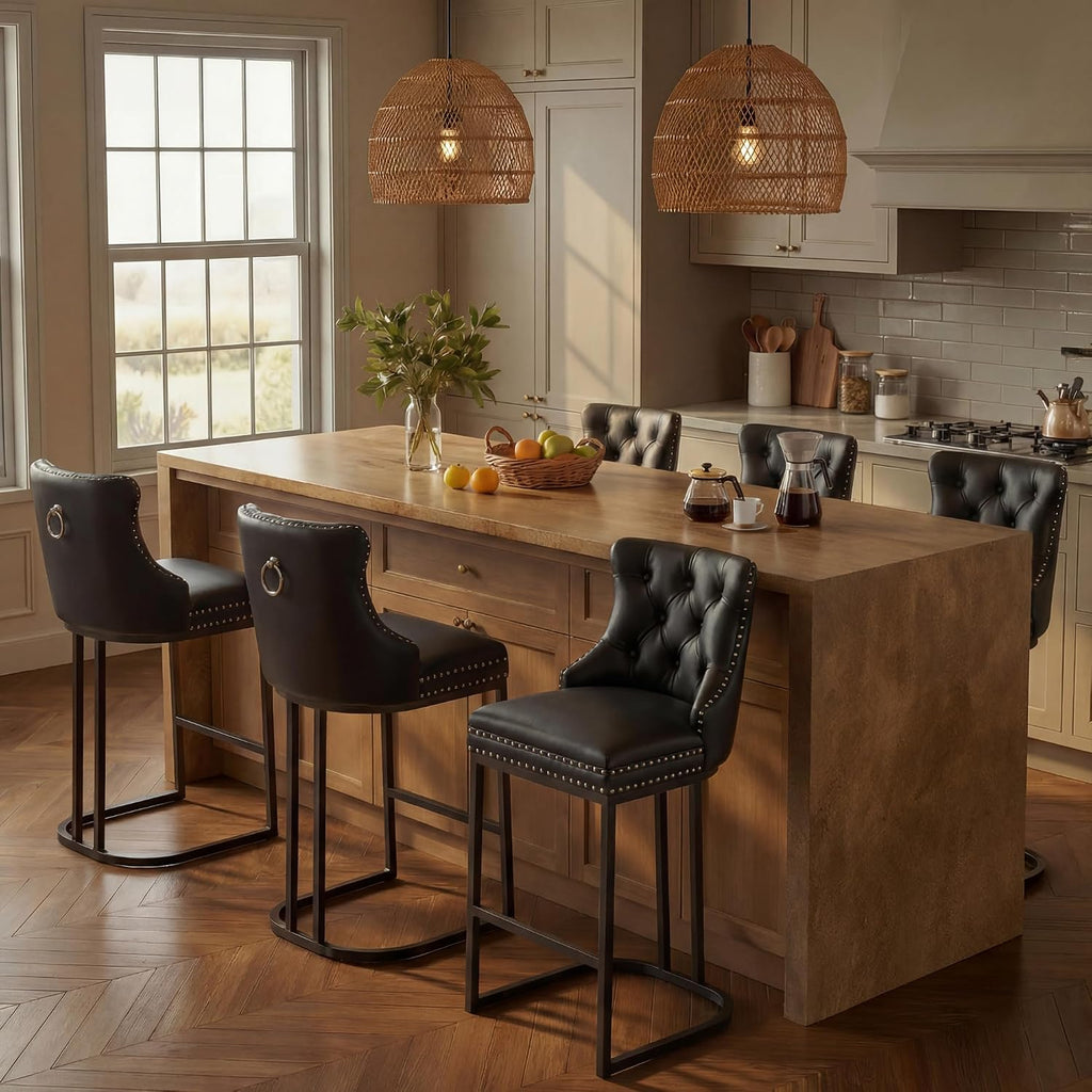 AQO 26 Inch Bar Stools Set of 6, Modern Counter Height Bar Stools with Backs, Upholstered Faux Leather Counter Stools for Kitchen Island, Black