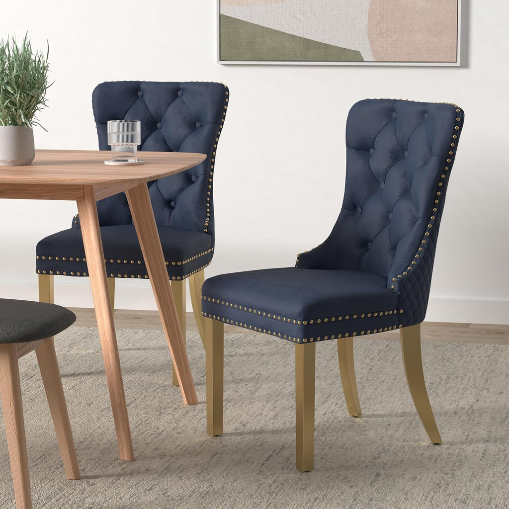 civama Dining Chairs Set of 6, Elegant Luxury Velvet Tufted Dining Chairs Golden Legs & Nailhead Trim, Back Lion Head Pull Ring & Rhomboid Pattern, Nikki Collection Armless Kitchen Chair, Black