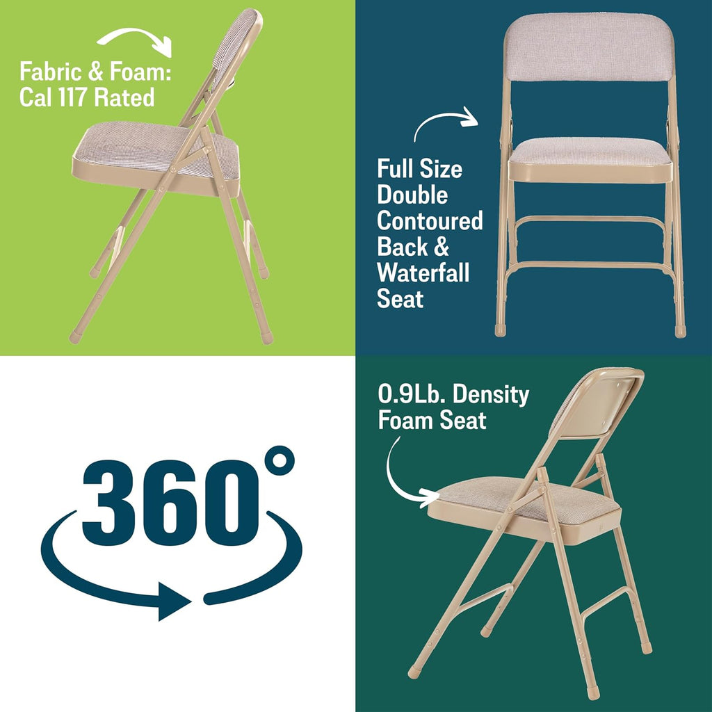 National Public Seating 2201 Series Steel Frame Upholstered Premium Fabric Seat and Back Folding Chair with Double Brace, 480 lbs Capacity, Cafe Beige/Beige (Carton of 4)
