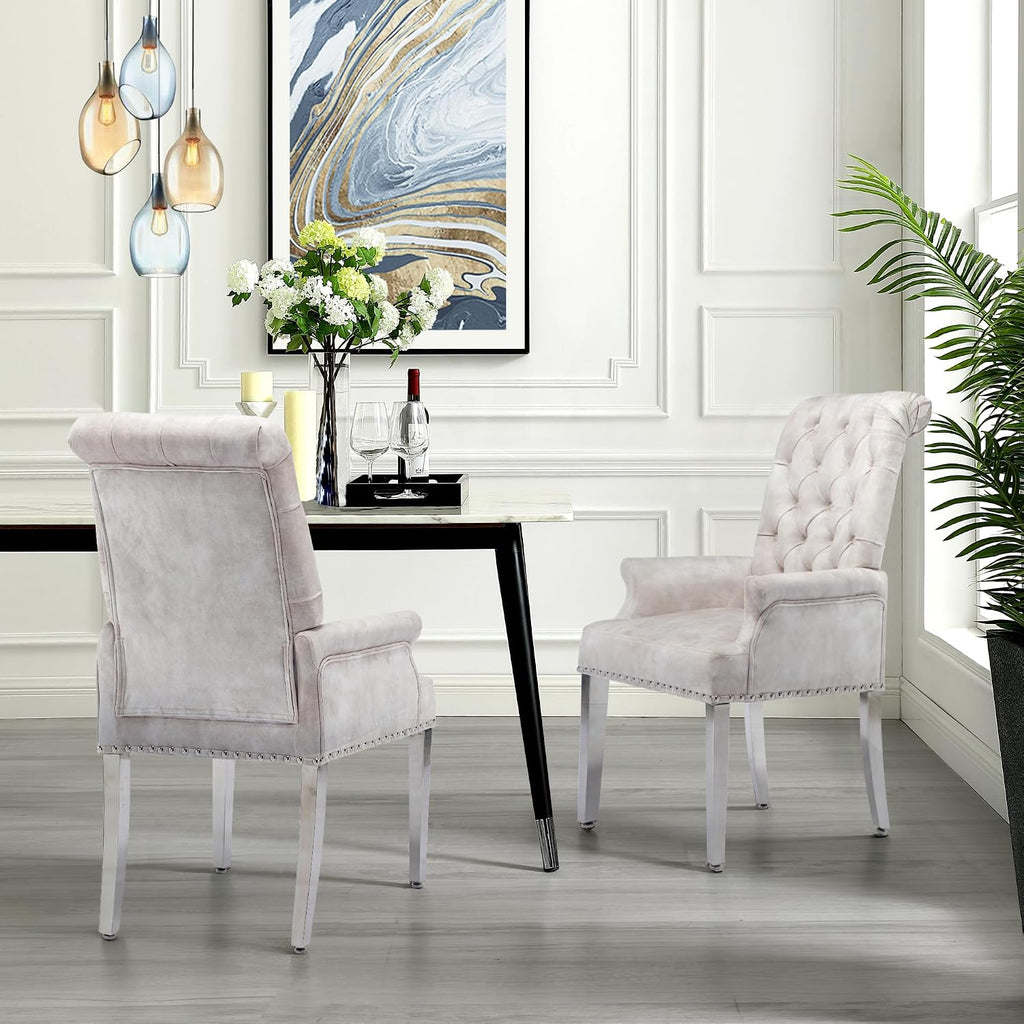 LOULENS Luxurious Velvet Dining Chairs Set of 4, Modern Upholstered Tufted Dining Room Chairs, Armrests Dining Chairs with Stainless Steel Leg (Beige + Velvet)