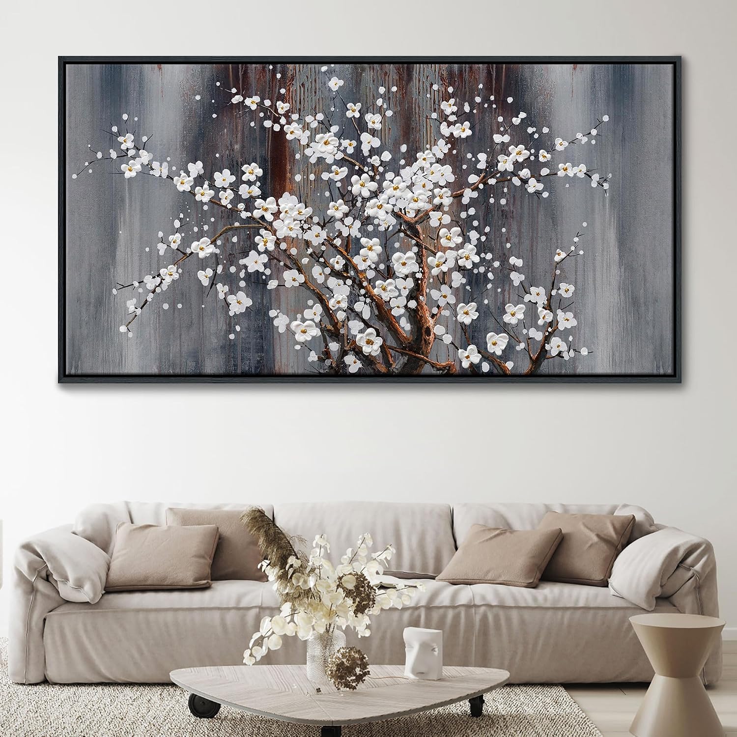 Wall Art for Living Room Large Modern Wall Decor Canvas Paintings for Wall Decorations White Flower Brown Bedroom Office Artwork Plum Blossom Art Prints Framed 29×58IN