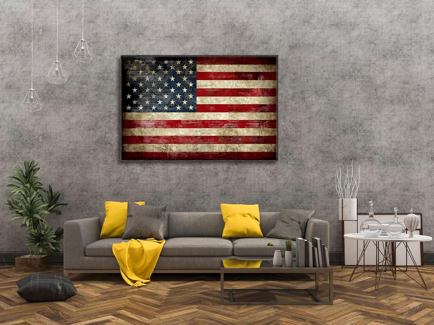 Pyradecor Walnut Framed Wall Art Extra Large Old Vintage American Flag Canvas Prints Abstract Pictures Paintings for Living Room Office Home Decorations