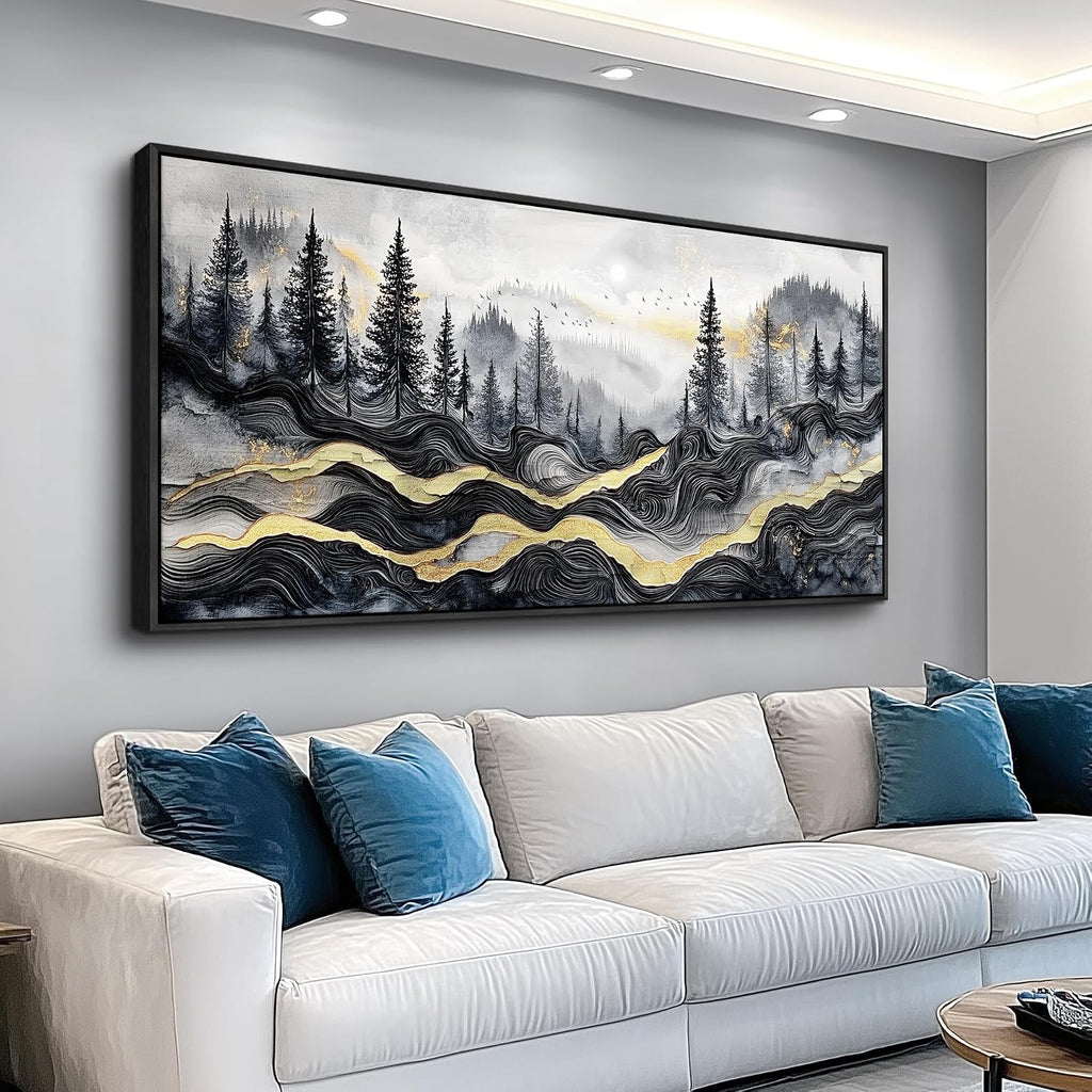 KELIYUAAN Large Canvas Wall Art For Living Room Black Framed Wall Decor For Bedroom Office Wall Decorations Prints Pictures Abstract Mountain Landscape Painting Home Decor Aesthetics 24'X48'