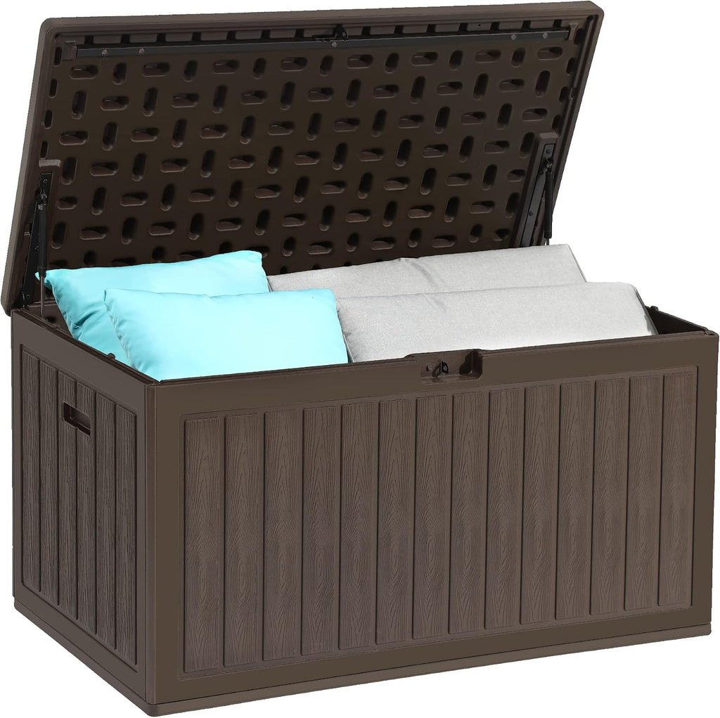 YITAHOME 90 Gallon Large Deck Box, Double-Wall Resin Outdoor Storage Boxes, Deck Storage for Patio Furniture, Cushions, Pool Float, Garden Tools, Lockable & Waterproof (Brown)