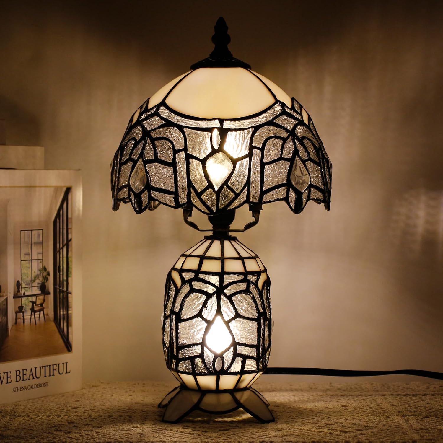 Small Tiffany Lamp Stained Glass Table Lamp Mini Mother Daughter Vase Desk Accent Light for Bedroom Bedside Reading Home Antique Style Decor 8X14 Inches (White)