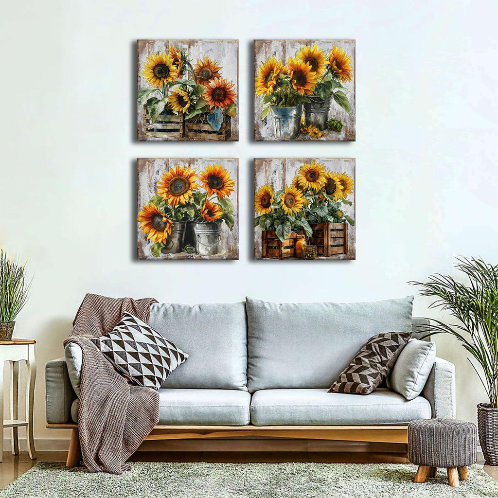 Rustic Sunflower Canvas Wall Art Farmhouse Kitchen Wall Decor Dining Room Picture Vintage Bouquet Posters Prints for Wall Paintings Sunshine Floral Artwork Autumn Home Decorations 24x24' 4Pcs/Set