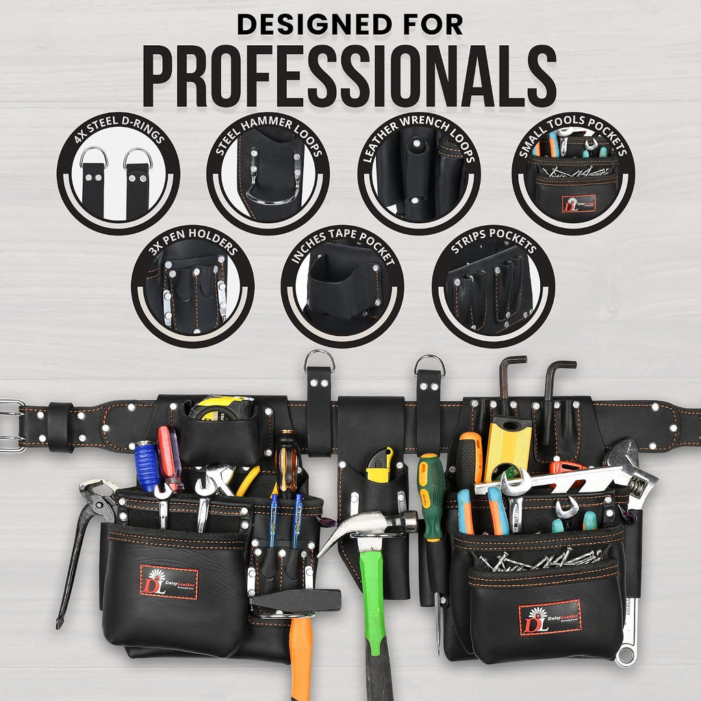 Daisy Leather PRO DL-101 Oil tanned Premium 25 pockets Heavy duty Tool Belt, Carpenter belt Pouch for Construction, Carpenter, Craftsman and Electricians workers, Black, X-Large