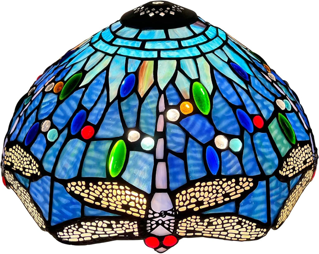 Capulina Tiffany Lamp Shade 12 Inches Wide Accessories Replacement Blue Dragonfly Style Stained Glass Lampshade for Table Lamp