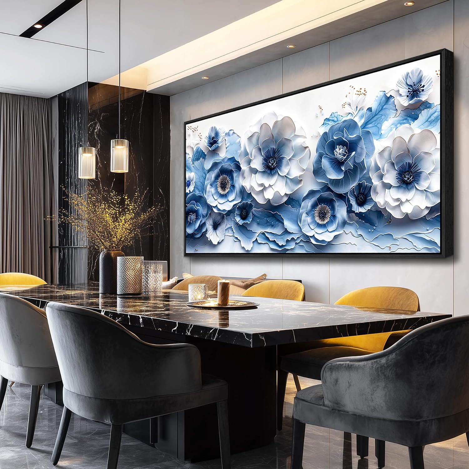 XIGUANGART Large Wall Art for Living Room Blue and White Flower Prints Paintings for Office Modern Black Framed Artwork Floral Pictures Wall Decoration for Bedroom Kitchen Women Aesthetic Home Decor