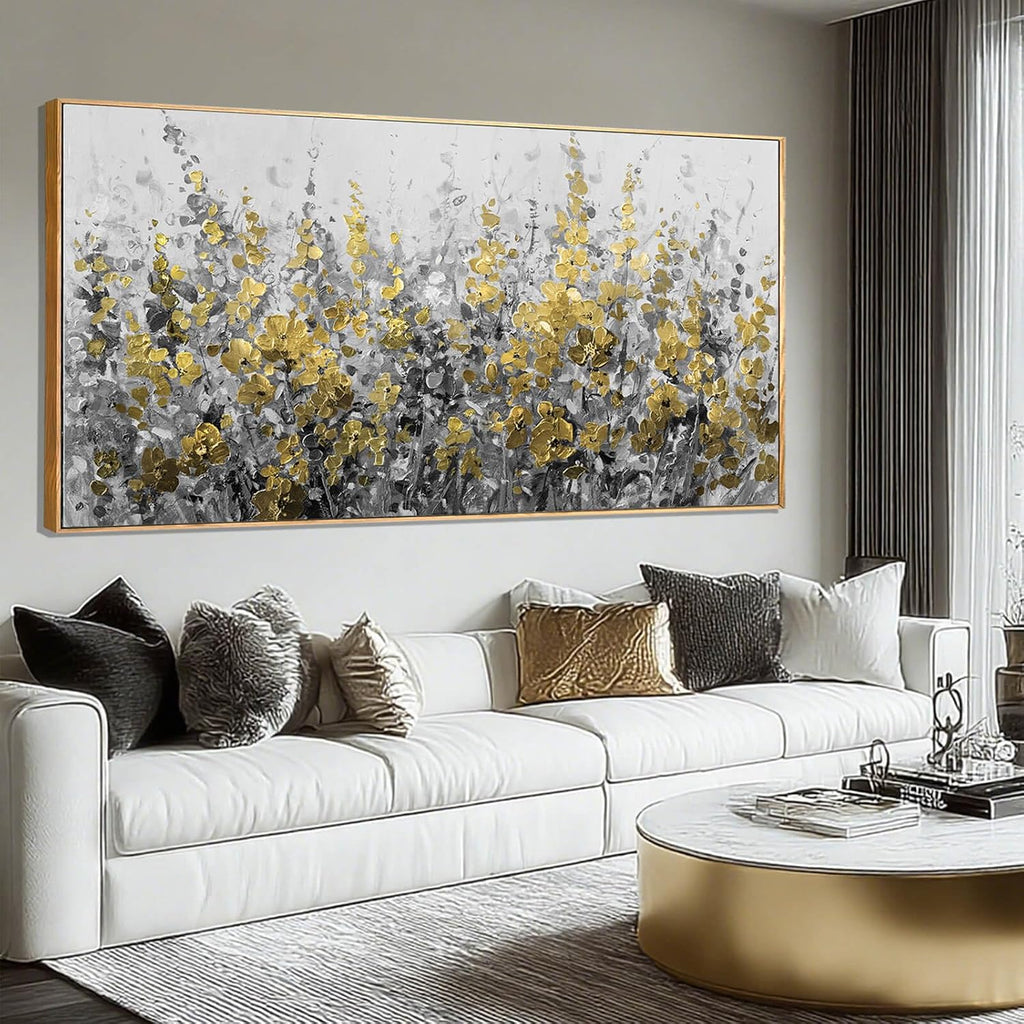 Framed Gold and Grey Abstract Flower Canvas Wall Art 24x48 Inch Textured Floral Painting Modern Decorative Artwork for Living Room Bedroom Office