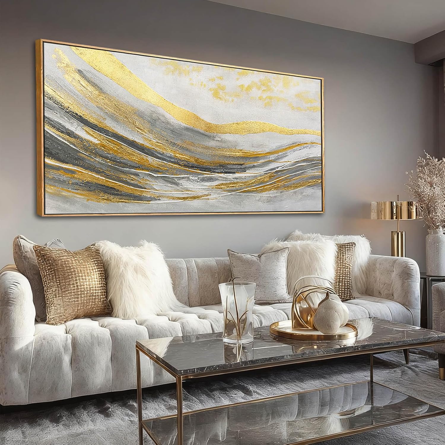 Artexist Abstract Wall Decor Modern Canvas Poster Gold Foil Wood Wall Art 24'x48' Pictures for Bedroom Wall Posters for Dining Room Area