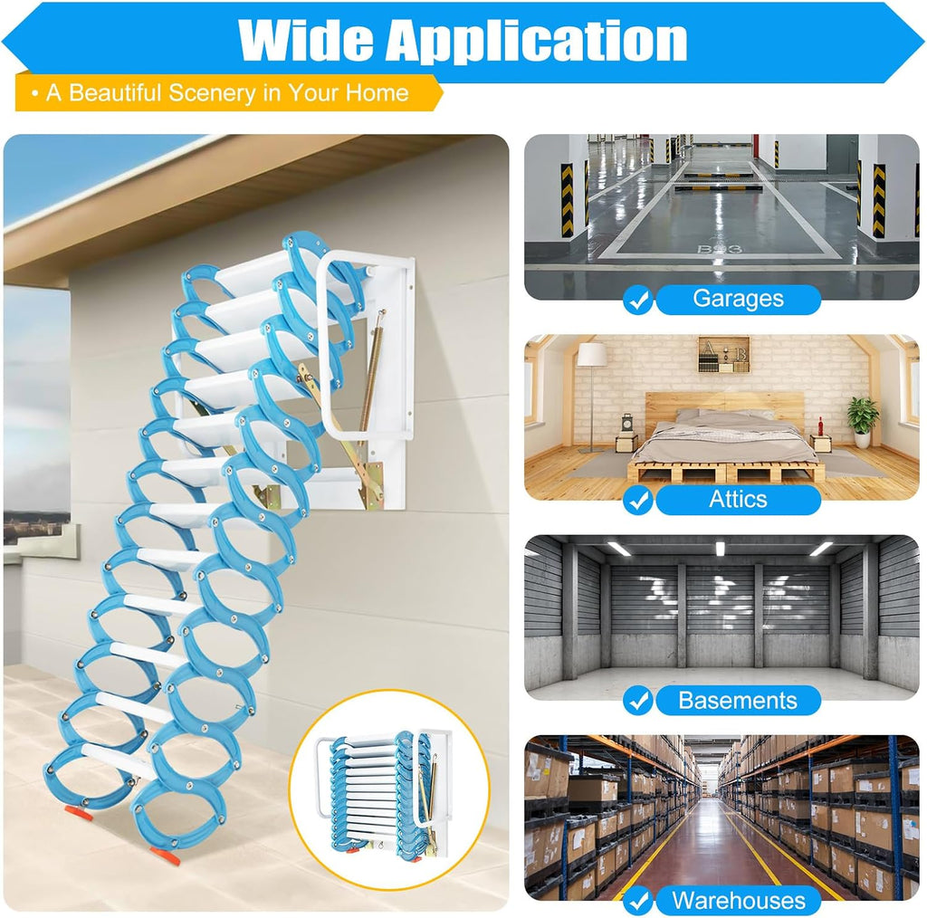 12 Steps Attic Ladder, Wall Mounted Pull Down Loft Steps Folding Stairs, 9.5-10.1Ft Height Aluminum Alloy Narrow Attic Extension Ladder w/Armrests for Basements Warehouses (12, Blue)