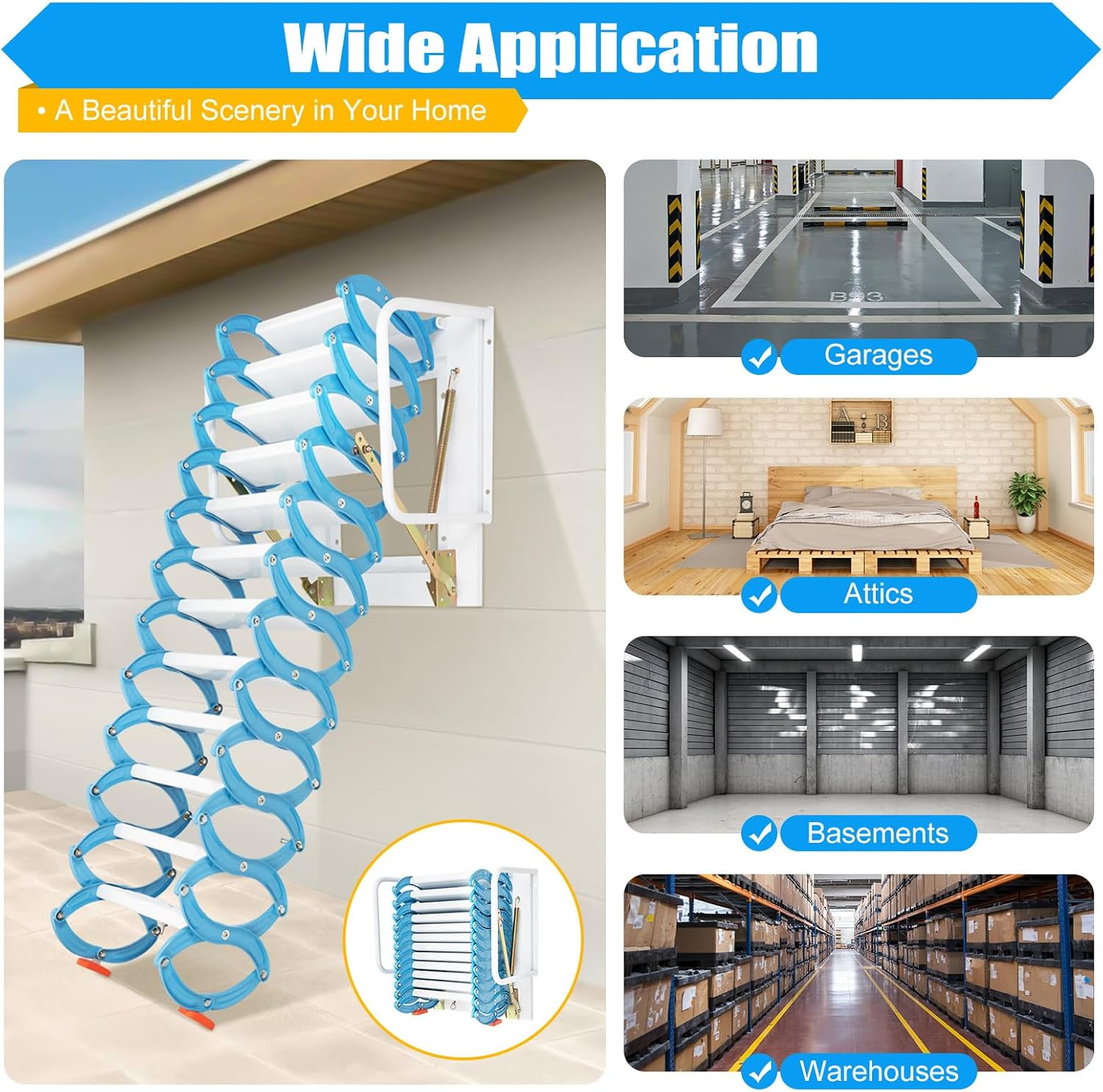 12 Steps Attic Ladder, Wall Mounted Pull Down Loft Steps Folding Stairs, 9.5-10.1Ft Height Aluminum Alloy Narrow Attic Extension Ladder w/Armrests for Basements Warehouses (12, Blue)