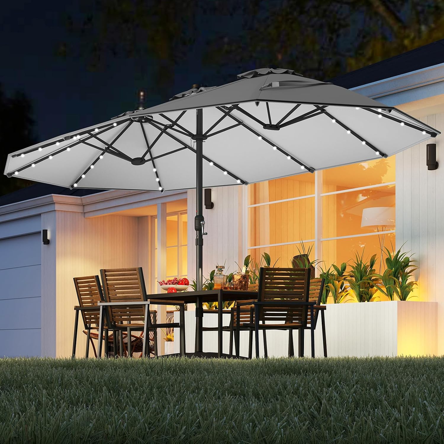 Tangkula 15FT Double-Sided Solar Patio Umbrella, Extra-Large Outdoor Twin Umbrella with 48 LED Lights, Vented Top, Crank Handle, 12 Ribs, Weighted Base Included for Backyard Poolside Deck (Gray)