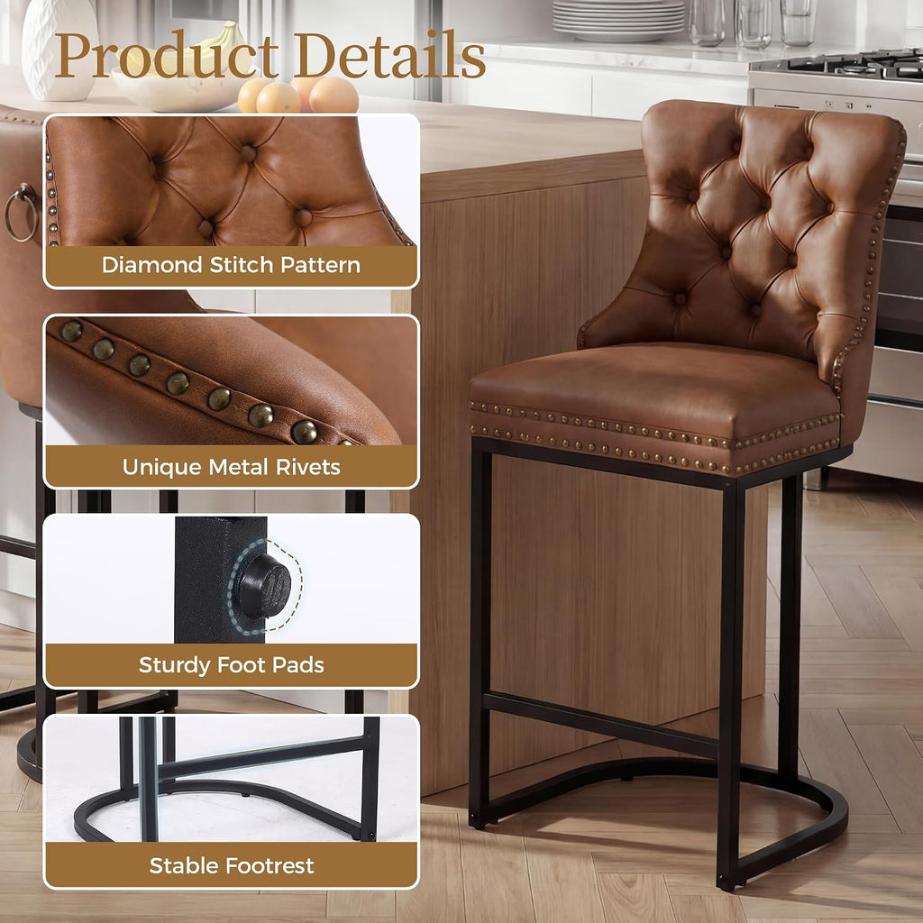 AQO Counter Height Bar Stools Set of 2 for Kitchen Island, Modern Bar Stools with Backs, 26 Inch Barstools with Upholstered Faux Leather Seat and Footrest, Brown