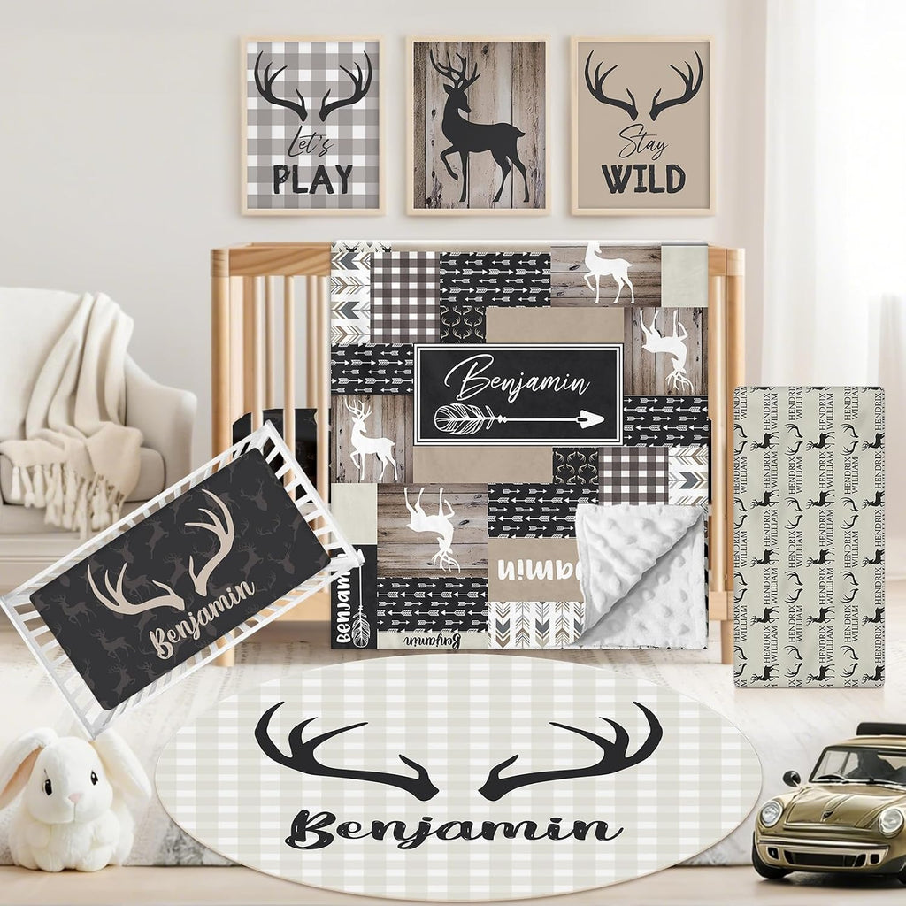 Personalized Baby Crib Bedding Set, 5 Pcs Custom Name Nursery Bedding Set for Girls Boys, Woodland Deer Baby Crib Set for Toddlers Infants, Double Layer Bedding Crib Sets Customized Gifts