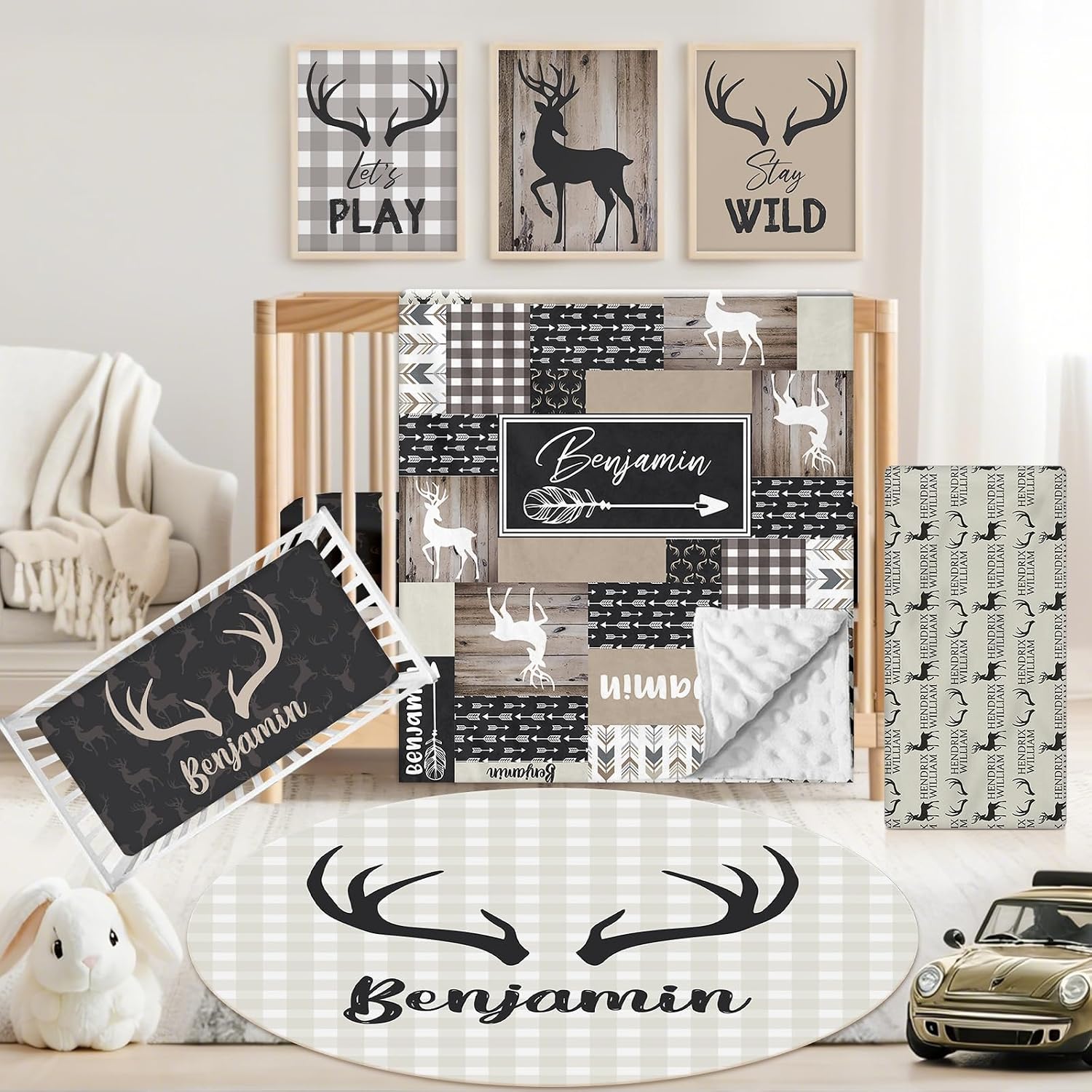 Personalized Baby Crib Bedding Set, 5 Pcs Custom Name Nursery Bedding Set for Girls Boys, Woodland Deer Baby Crib Set for Toddlers Infants, Double Layer Bedding Crib Sets Customized Gifts
