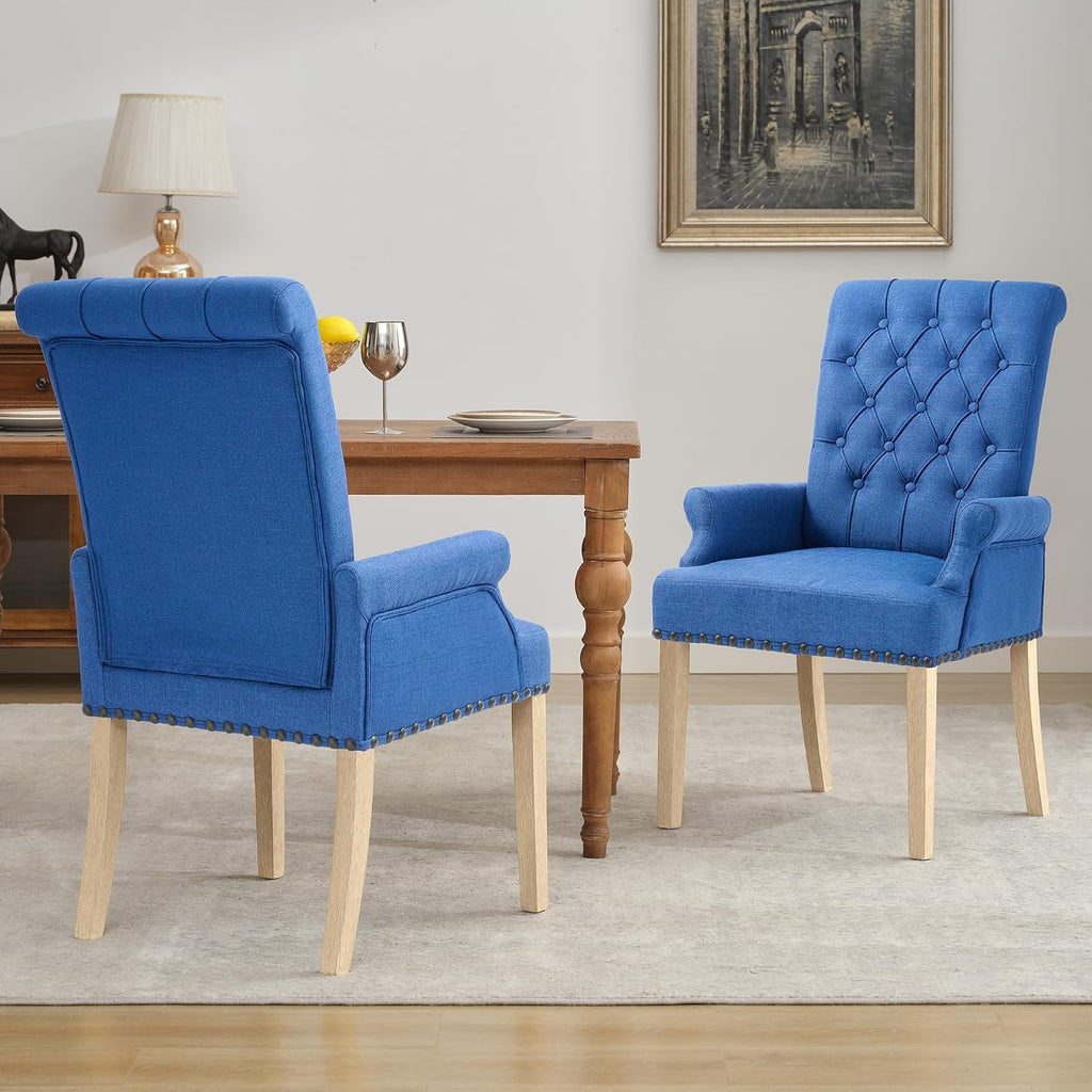 LOULENS Fabric Dining Chairs, Upholstered Tufted Armrest Chairs, Accent Chairs with Nailhead Trim, Solid Wood Legs for Home, Kitchen Living Room, Dark Blue