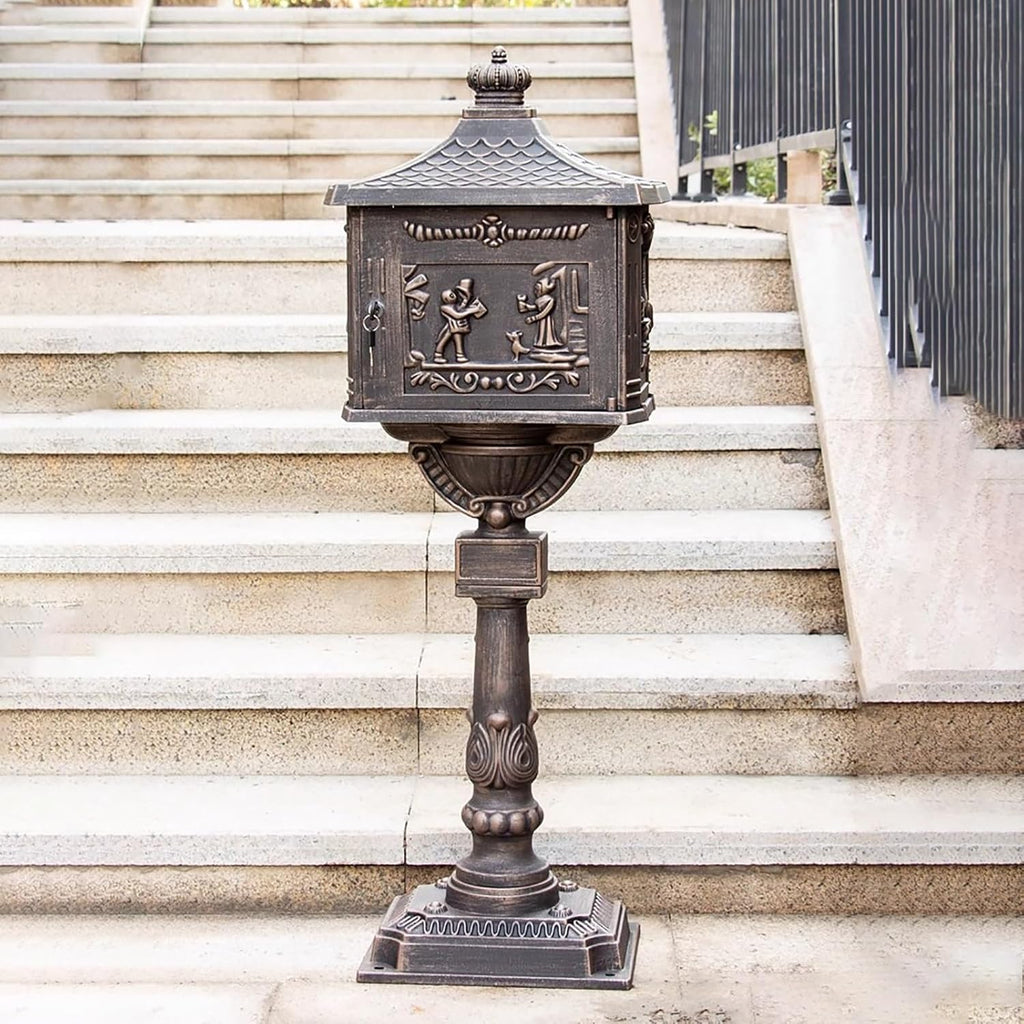 Cast Aluminum Mailbox with Post, Locking Residential Mailboxes for Outside, Rust-Proof Large Security Metal Mailbox