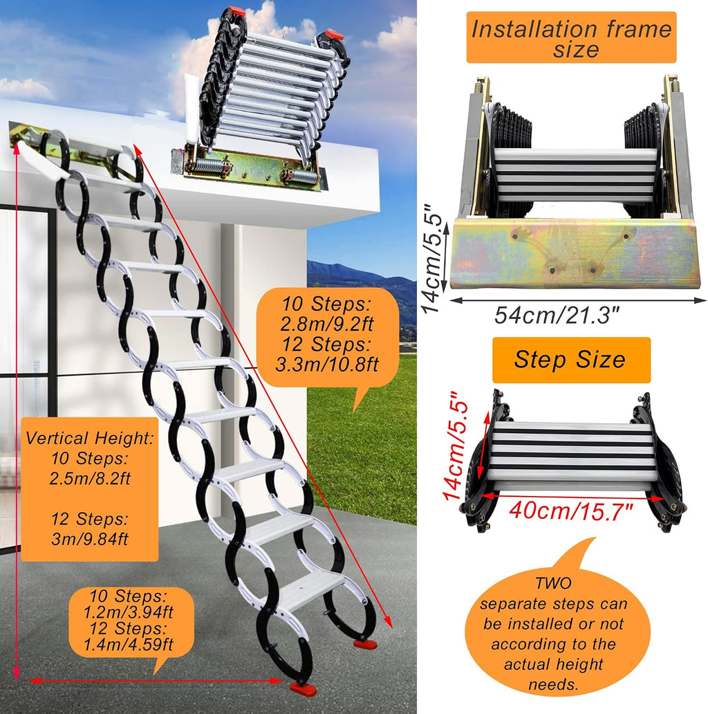 9.8 Feet Attic Ladder Pull Down 12 Steps, Black Aluminum Magnesium Alloy Wall-Mounted Folding Attic Loft Stairs, 660LB Load Capacity
