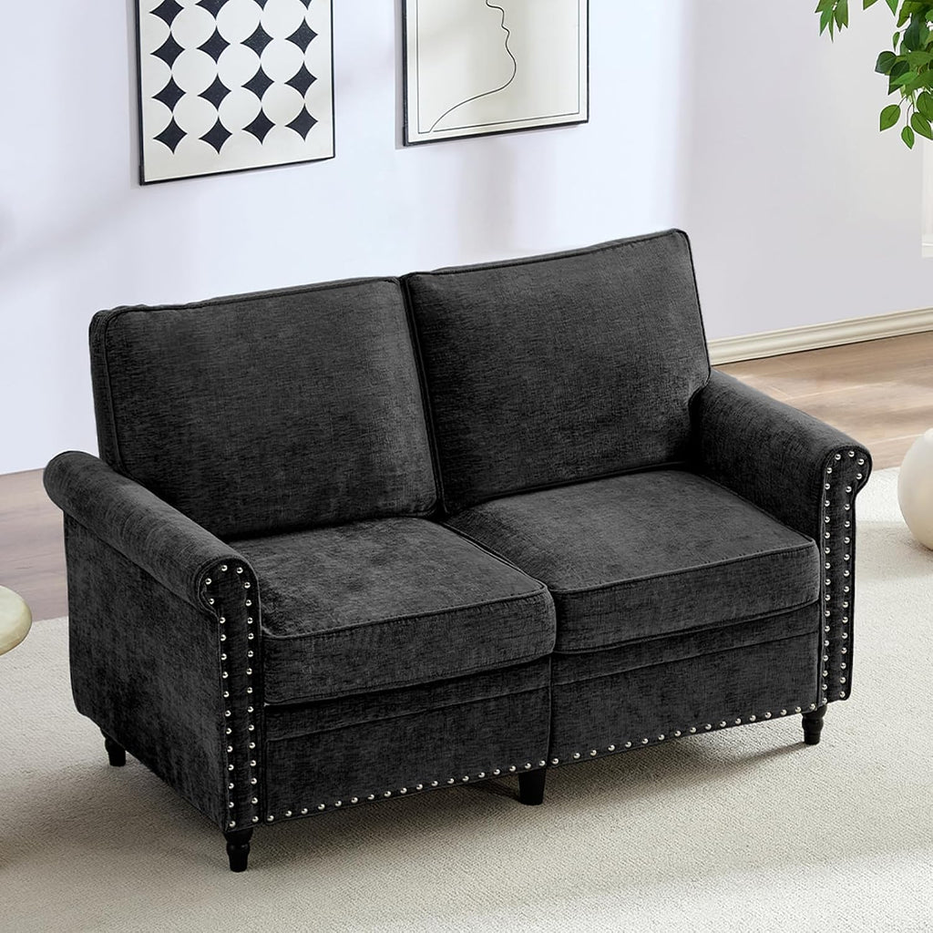 Mjkone 54' Chenille Sofa Couch, Living Room Loveseat Sofa with Wood Frame, Gourd Shape Wood Legs, 6.7' Thickened Soft Cushion, Rivet Design, Mid Century Modern Couch for Small Spaces, Apartment, Black