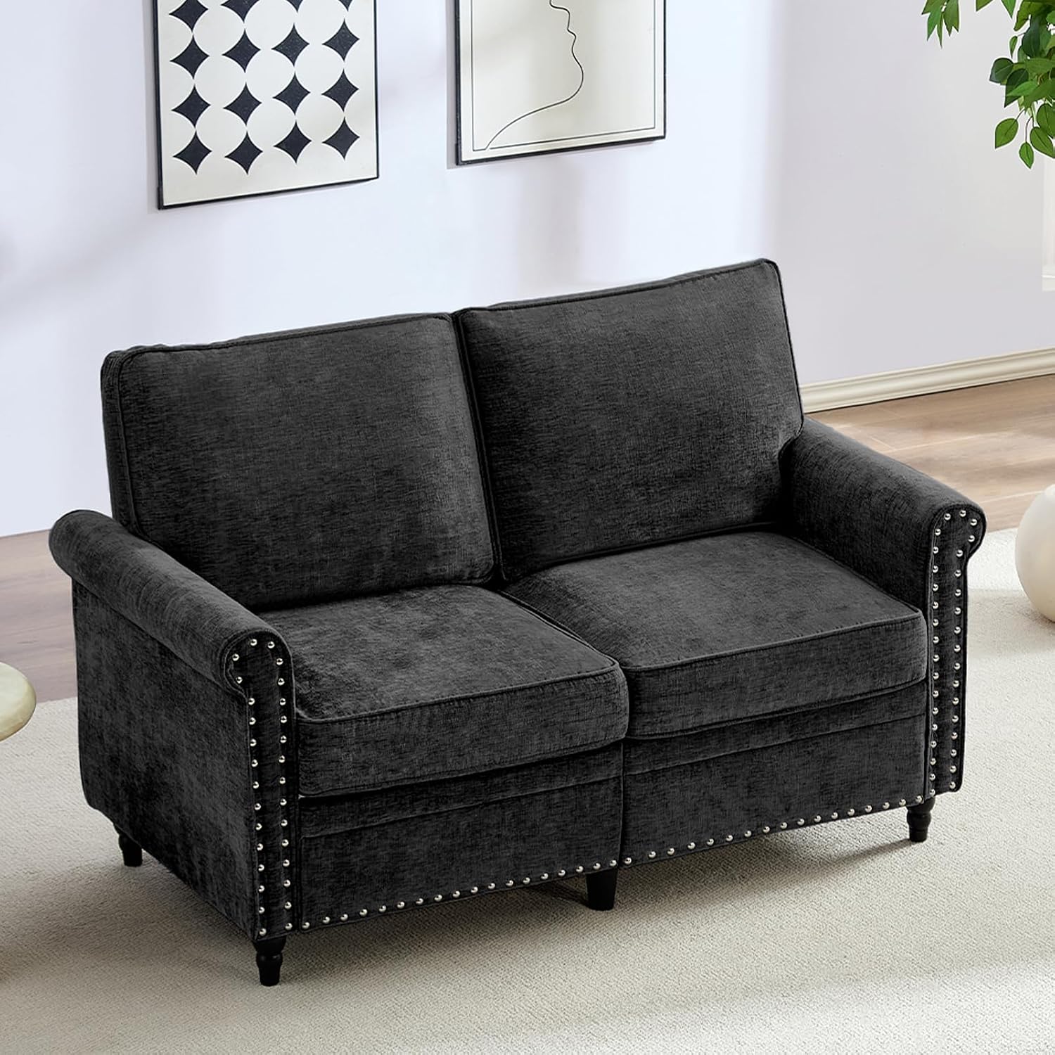 Mjkone 54' Chenille Sofa Couch, Living Room Loveseat Sofa with Wood Frame, Gourd Shape Wood Legs, 6.7' Thickened Soft Cushion, Rivet Design, Mid Century Modern Couch for Small Spaces, Apartment, Black
