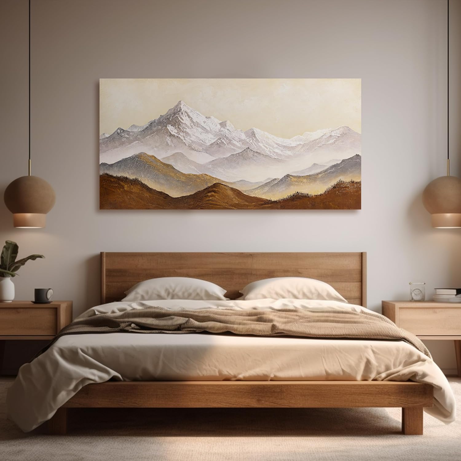 Landscape Canvas Wall Art Abstract Wall Art Earth Color Mountain Landscape Canvas Painting Decor Framed Artwork Snow Moutain Wall Art for Living Room Bedroom Dining Room Home Office Decor 29'X58'