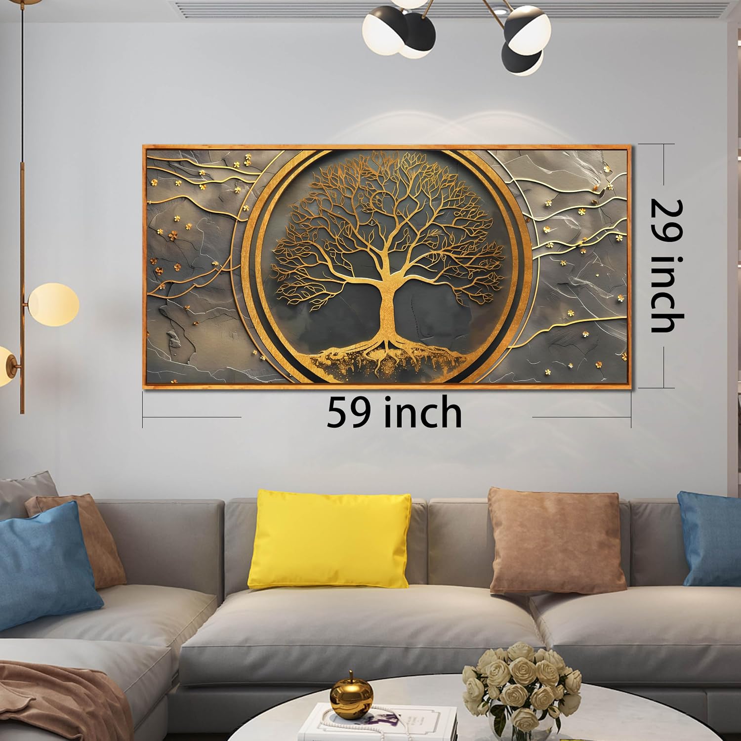 Tree Pictures Wall Art for Living Room - Gold Modern Wall Decor Office - Wooden Framed Wall Art Size 29' x 59'