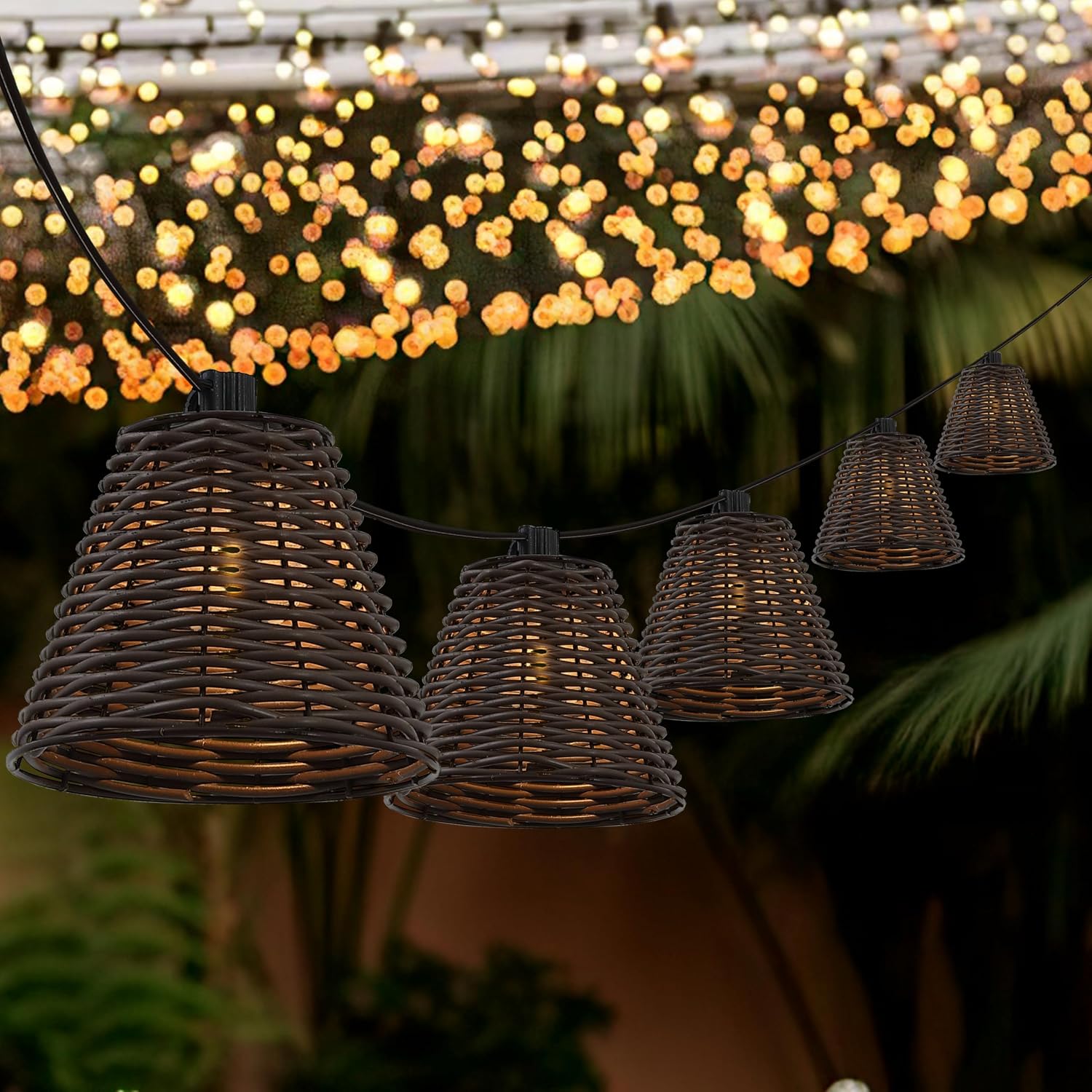 JONATHAN Y 10' Dark Brown 10-Light Indoor/Outdoor LED String Lights for Patio, Classic Cottage Faux-Rattan Shaded Hanging Lights for Balcony, Deck, Coastal Decor (JYL8706C)