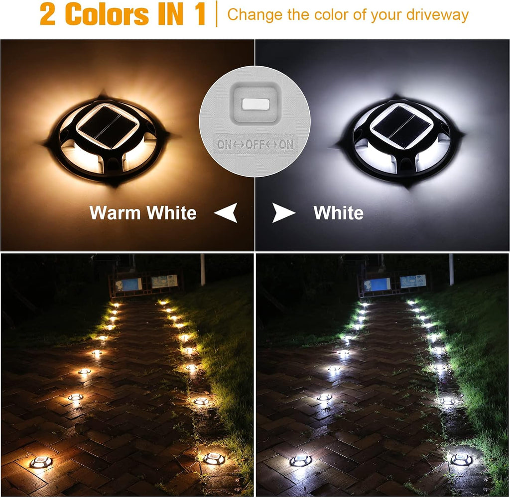 VOLISUN Solar Driveway Lights Dock Deck Lights 16 Pack,2 Colors in 1 Led IP67 Waterproof Outdoor Warning Step Lights for Driveway Sidewalk Pathway (White/Warm White)