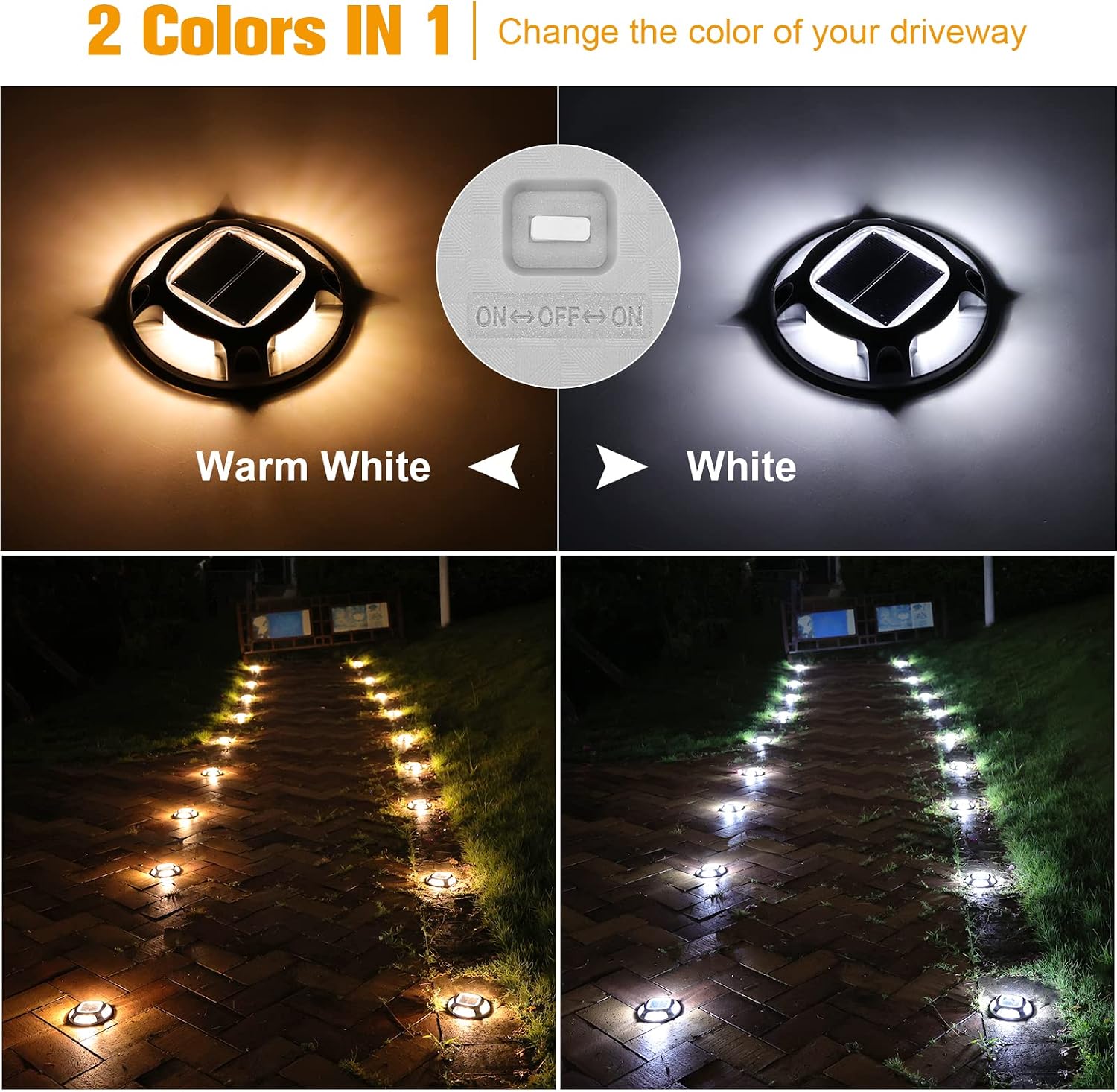 VOLISUN Solar Driveway Lights Dock Deck Lights 16 Pack,2 Colors in 1 Led IP67 Waterproof Outdoor Warning Step Lights for Driveway Sidewalk Pathway (White/Warm White)