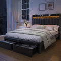 SIBEDS King LED Bed Frame with Headboard, PU Leather Upholstered Platform Bed with 2 Tier Storage and 2 Zippered Fabric Drawers, Channel Tufted Bedframe with Rivet Decor, No Box Spring Needed, Black