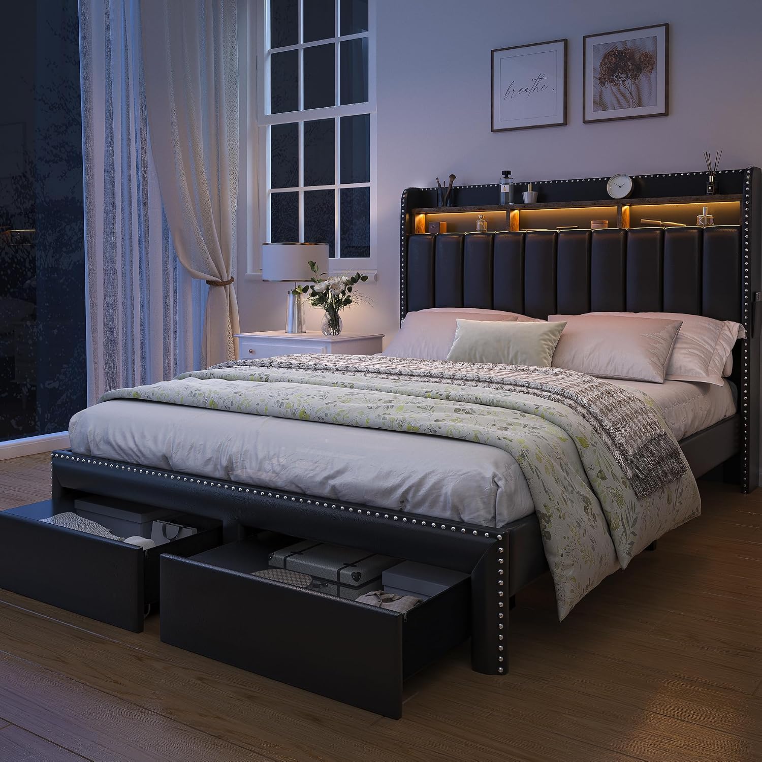 SIBEDS Full LED Bed Frame with Headboard, PU Leather Upholstered Platform Bed with 2 Tier Storage and 2 Zippered Fabric Drawers, Channel Tufted Bedframe with Rivet Decor, No Box Spring Needed, Black