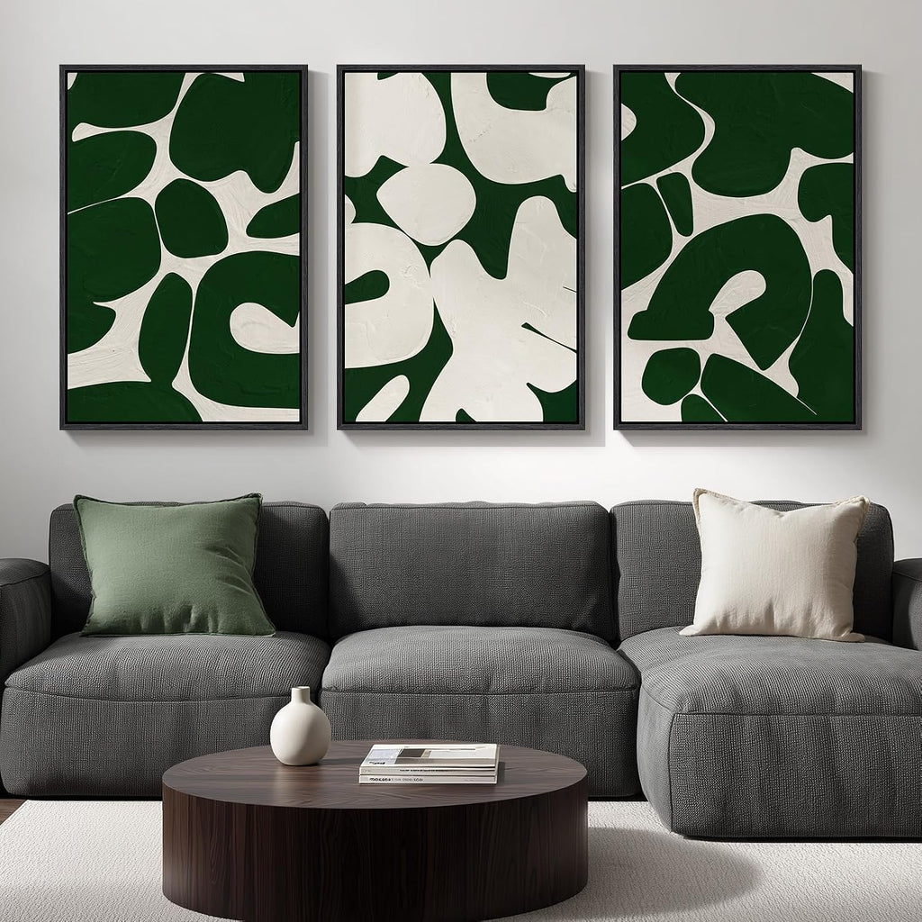 Large Framed Green and White Abstract Wall Art for Living Room, Set of 3 Minimalist Canvas Prints Paintings Artwork for Walls, Mid-Century Modern Pictures for Entryway, Hallway Wall Decor 24x36 In