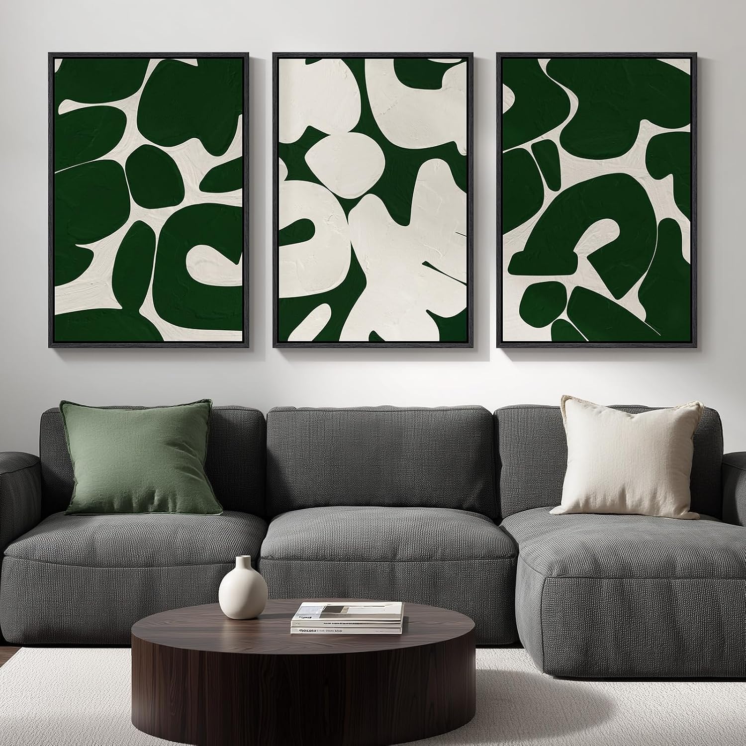 Large Framed Green and White Abstract Wall Art for Living Room, Set of 3 Minimalist Canvas Prints Paintings Artwork for Walls, Mid-Century Modern Pictures for Entryway, Hallway Wall Decor 24x36 In