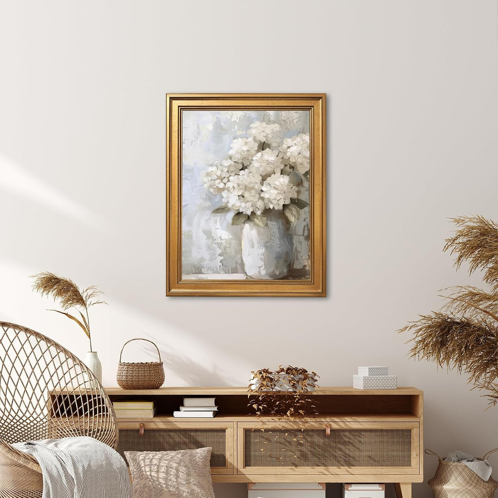 Gold Framed White Hydrangea Wall Art Print Retro Moody Antique Botanical Floral Canvas Poster Vintage Impasto Flowers Oil Painting Picture Artwork Farmhouse French Country Home Decor 24x36inch