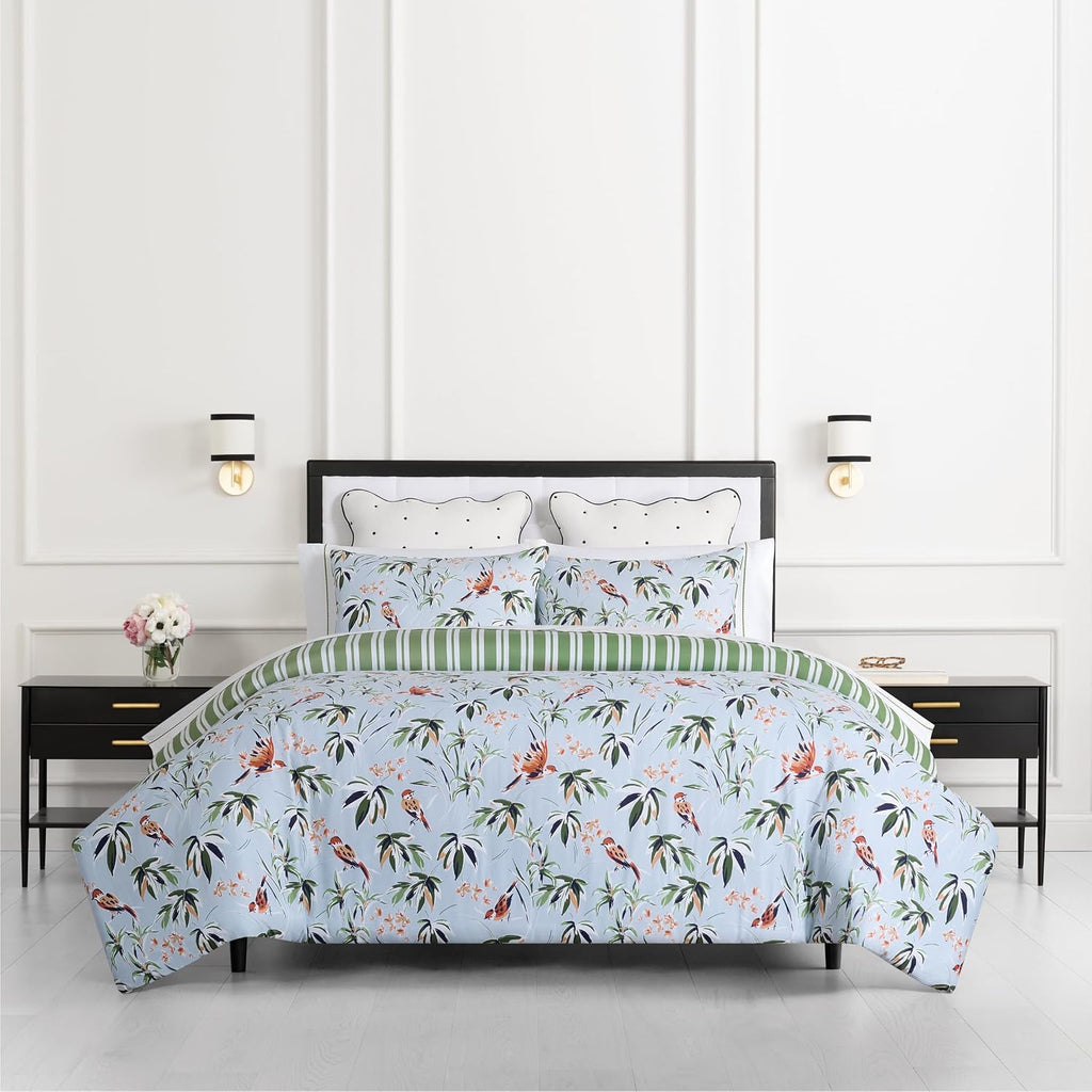 kate spade new york Bird Garden King Comforter Set, 300 Thread Count Cotton Reversible Cover, All Season 3 Piece Bedding, Machine Washable, Floral Multicolor