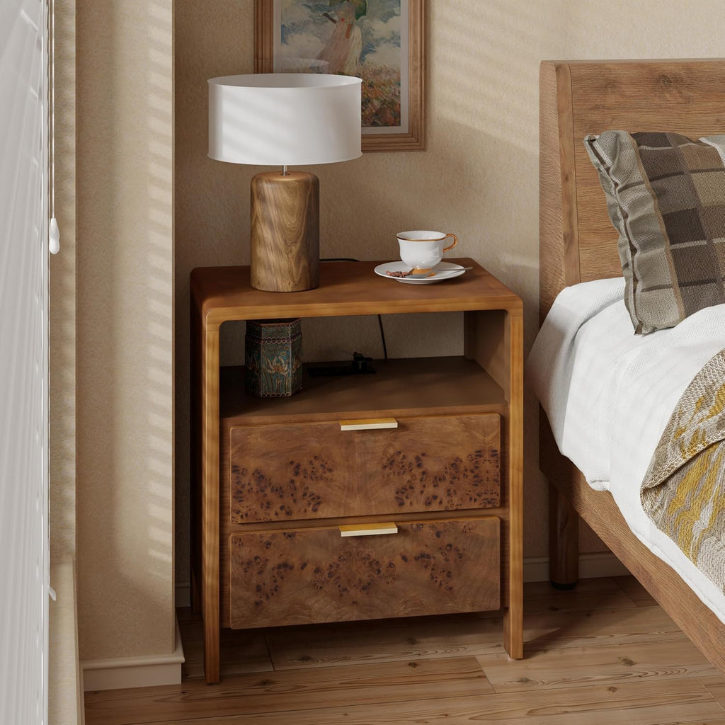 COZAYH Farmhouse Nightstand with Charging Station, Wood Side Table with Power Outlet and USB & Type C Ports, Burl Finish Bedside Table for Bedroom, Fully Assembled, Rustic, Brown