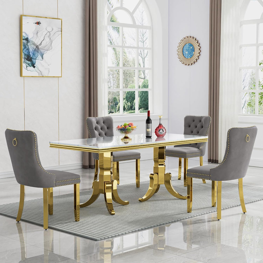 2 Piece Contemporary Velvet Upholstered Dining Chair with Chrome Stainless Steel Plating Legs, Nail Head Decro, Armless Tufted Dining Chair Fabric Dining Room Chair (Gray&Gold, Set of 2)