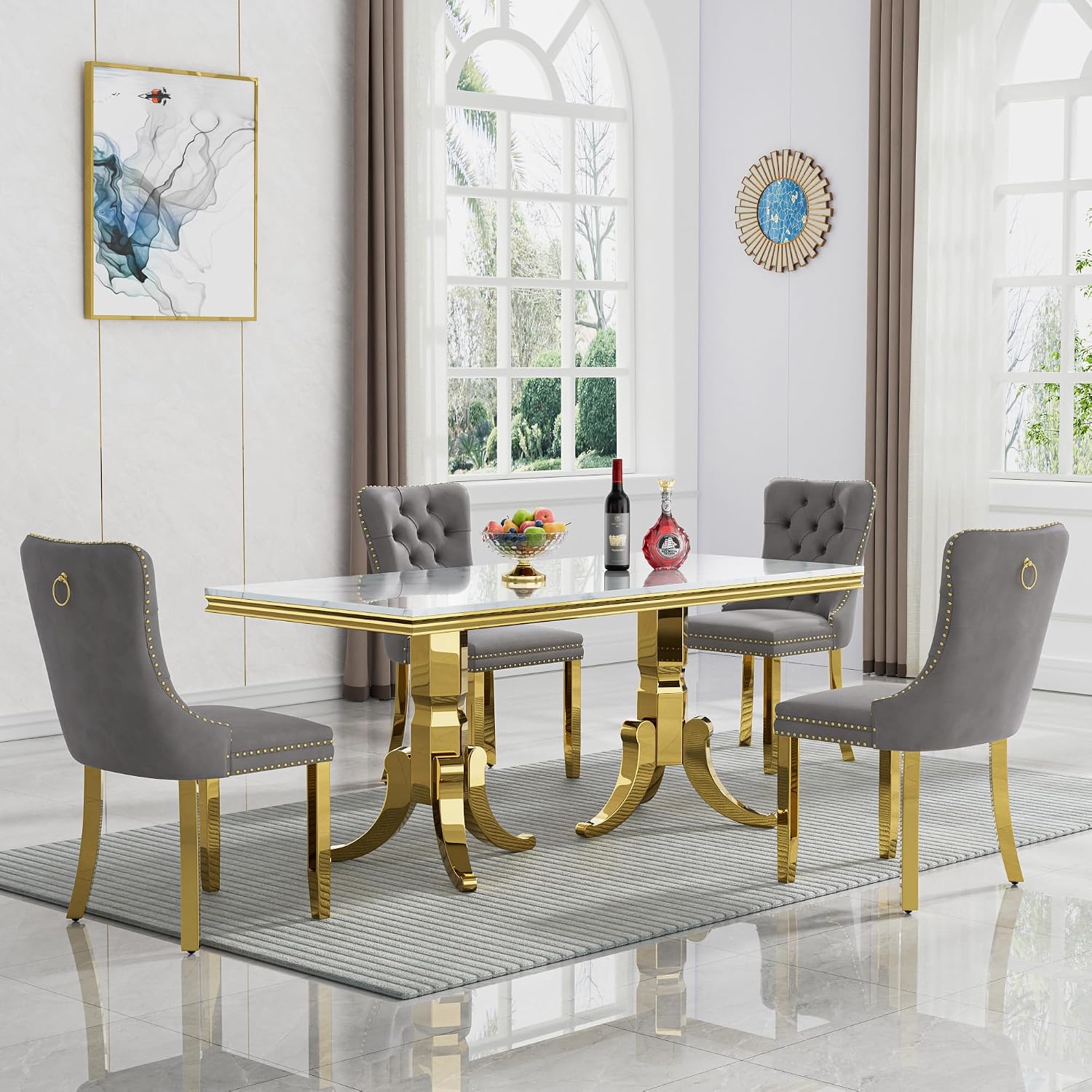 2 Piece Contemporary Velvet Upholstered Dining Chair with Chrome Stainless Steel Plating Legs, Nail Head Decro, Armless Tufted Dining Chair Fabric Dining Room Chair (Gray&Gold, Set of 2)