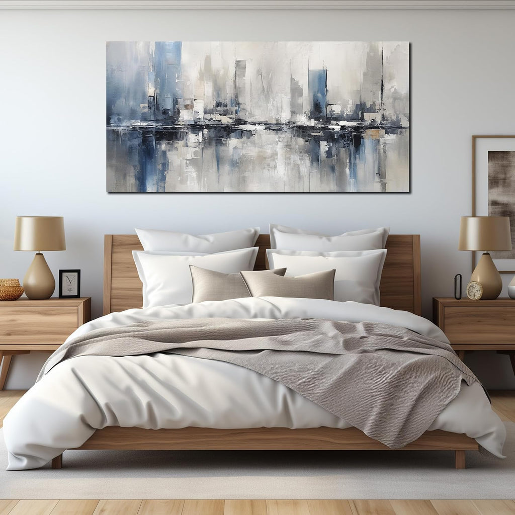 Blue Gray Abstract Cityscape Canvas Wall Art Decor Prints Large Canvas Wall Art for Living Room Modern Artwork Canvas Painting Wall Decor for Bedroom Home Office Wall Art Decor 29x58 inch