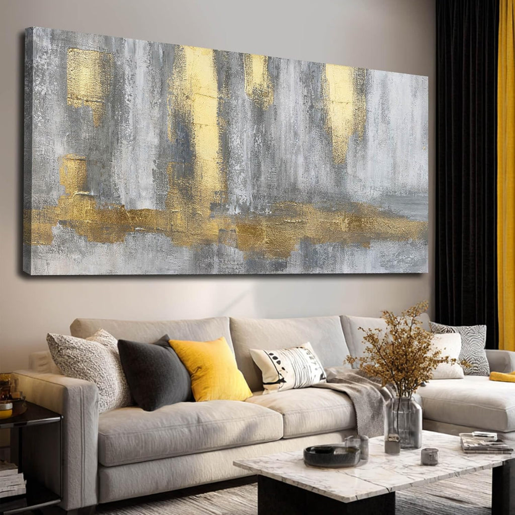 XIANSHOU Gold Wall Decor Hand Drawn Paintings Abstract Canvas Wall Art Large Pictures Grey Poster Arts 29'x58'