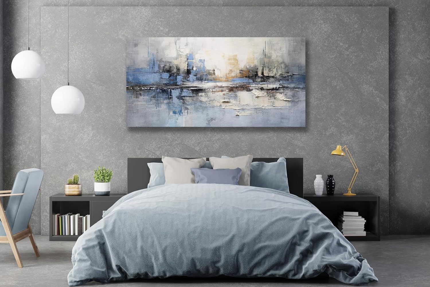 VHMING Abstract Wall Art Wall Decor Blue and Gray White Modern Canvas Wall Paintings Abstract Artwork for Living Room Bedroom Bathroom Office Home Decor Can Be Hung Directly 29'x 58'