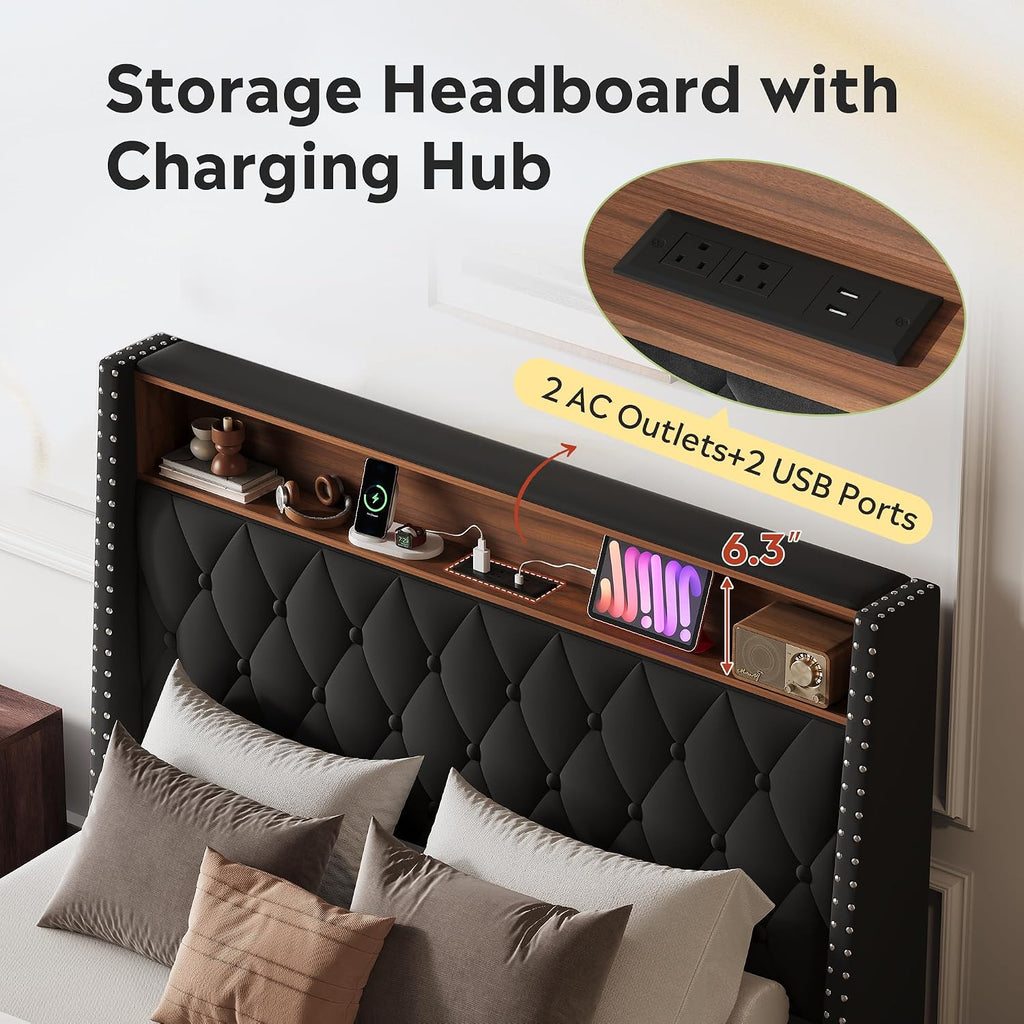 WLIVE Full Size Upholstered Bed Frame with 48'' Tall Wingback Headboard, Velvet Square Tufted Platform Beds with Charging Station, Sturdy Metal & Wooden Slats Support, Black
