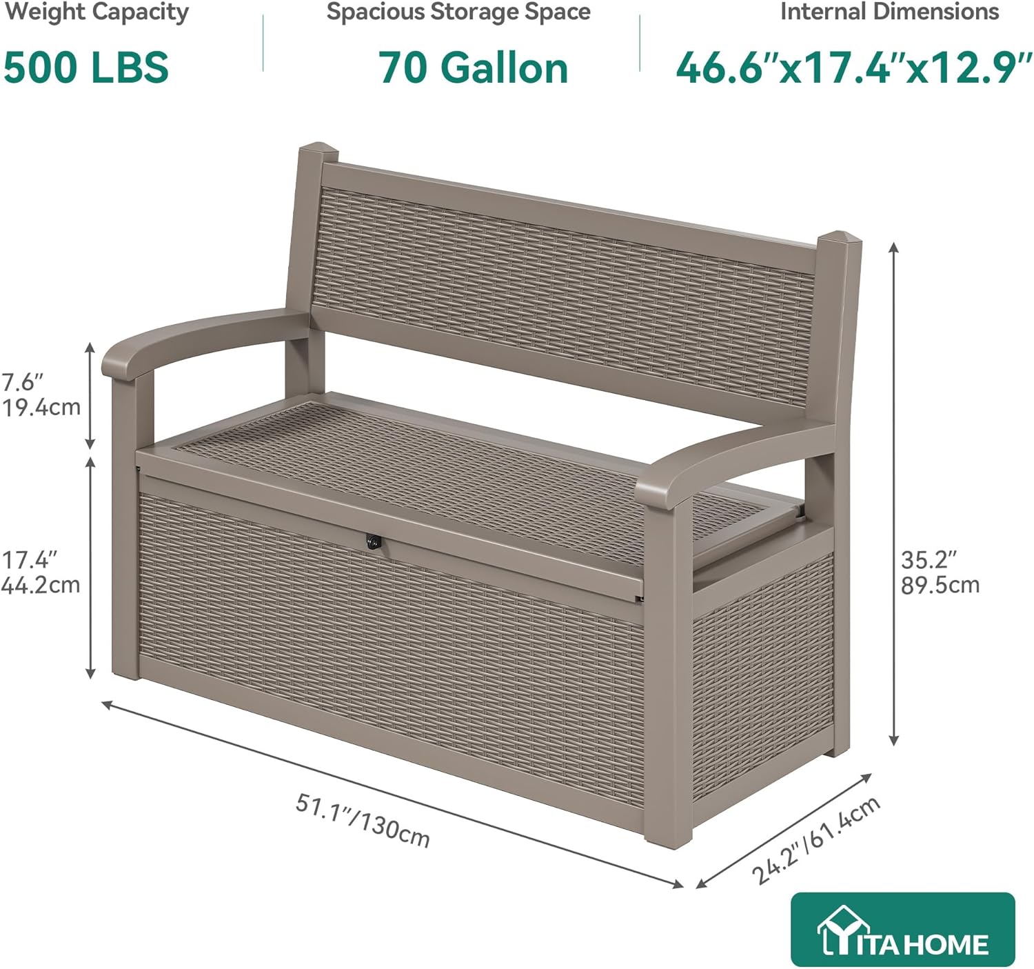 YITAHOME 80 Gallon Storage Bench Deck Box, Lockable Patio Bench, Waterproof Outdoor Pool Deck Storage for Patio Cushions, Garden Tools and Pool Supplies, Light Brown