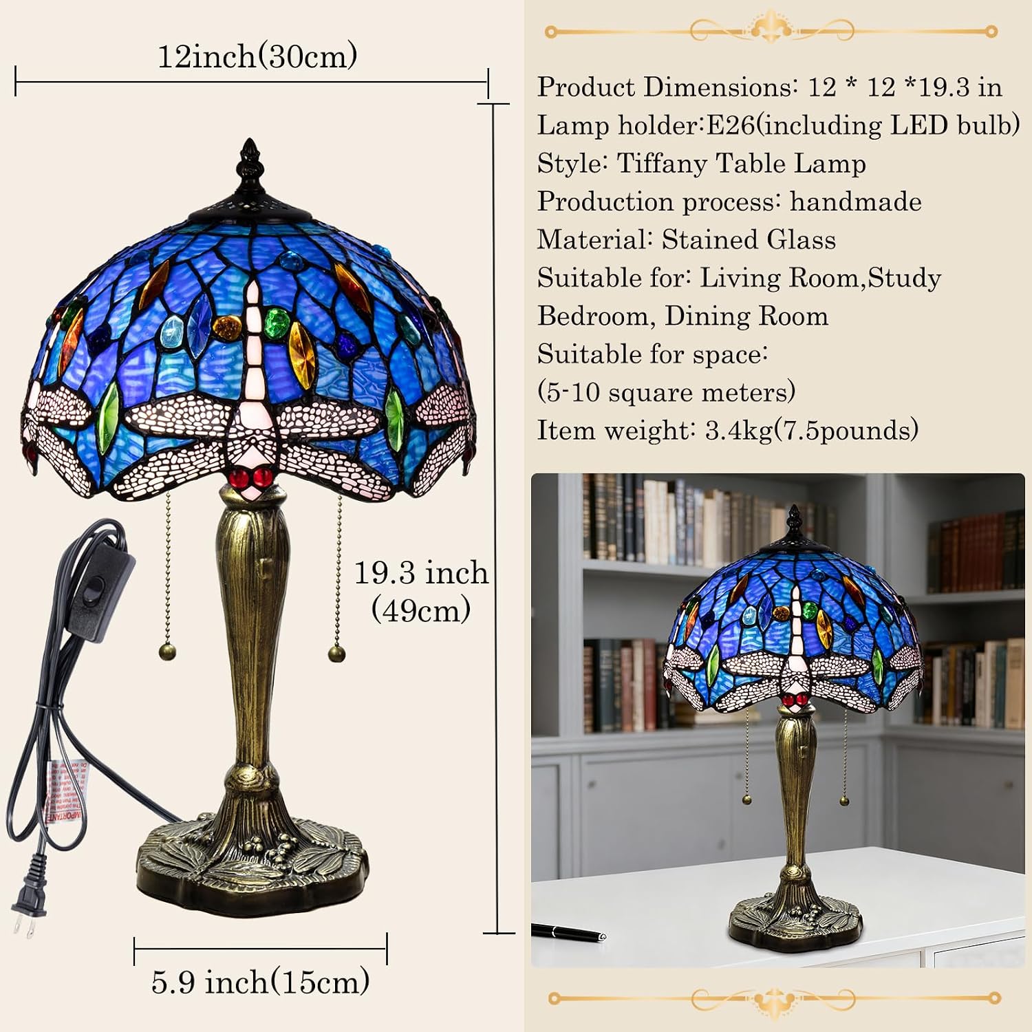 Small Tiffany Table Lamp, Blue Dragonfly Stained Glass Lamp,12 Inch Tiffany Style Lamp for Bedroom Living Room Home, Handcrafted Light, Included Bulb