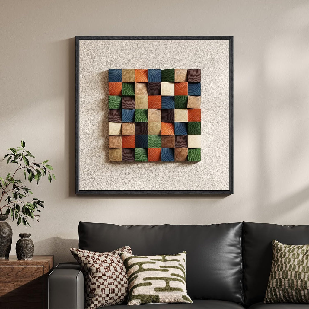 Framed 3D Textured Wood Abstract Wall Art for Living Room, Boho Colorful Geometric Beige Painting Artwork for Walls, Modern Minimalist Wall Decor, Hallway, Bedroom, Kitchen, Office，24 x 24 Inch