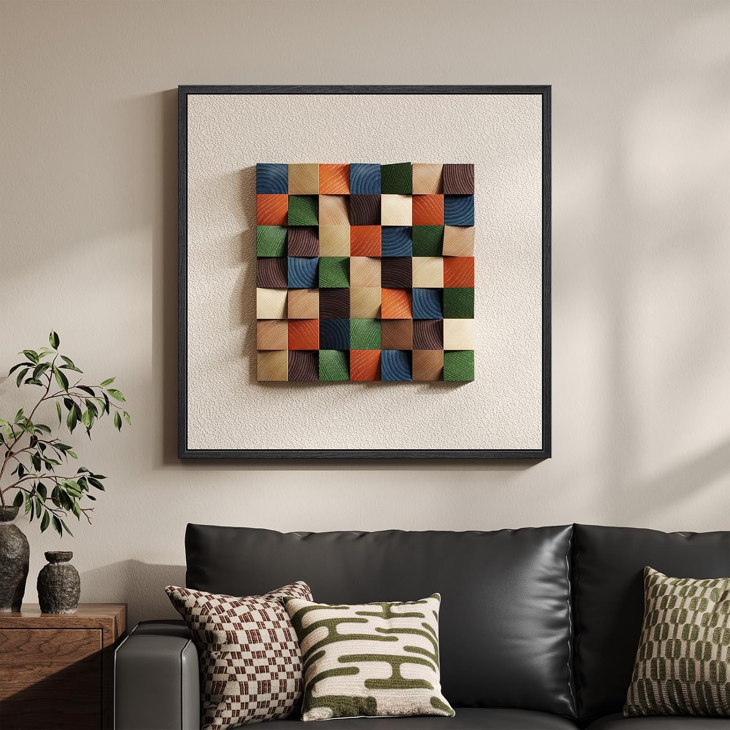 Framed 3D Textured Wood Abstract Wall Art for Living Room, Boho Colorful Geometric Beige Painting Artwork for Walls, Modern Minimalist Wall Decor, Hallway, Bedroom, Kitchen, Office，24 x 24 Inch